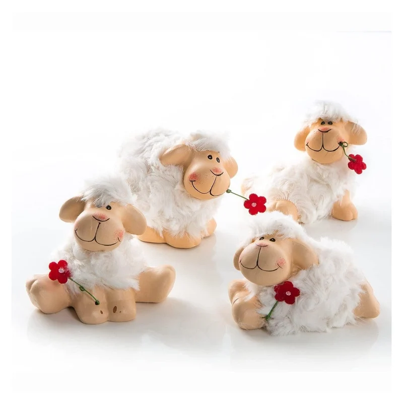 4 Schafe weiß braun mit Blume 9 cm - Schäfchen Figuren als Osterdeko