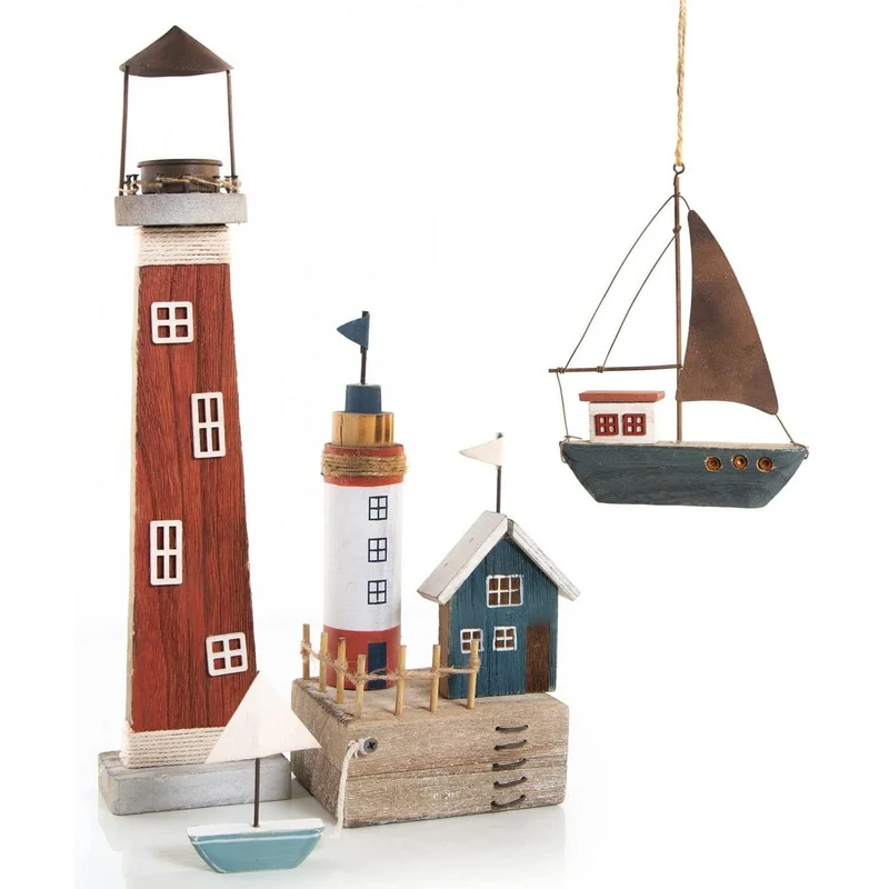 Deko Stadt aus Holz mit Leuchtturm Haus Segelboot - Dekoidee