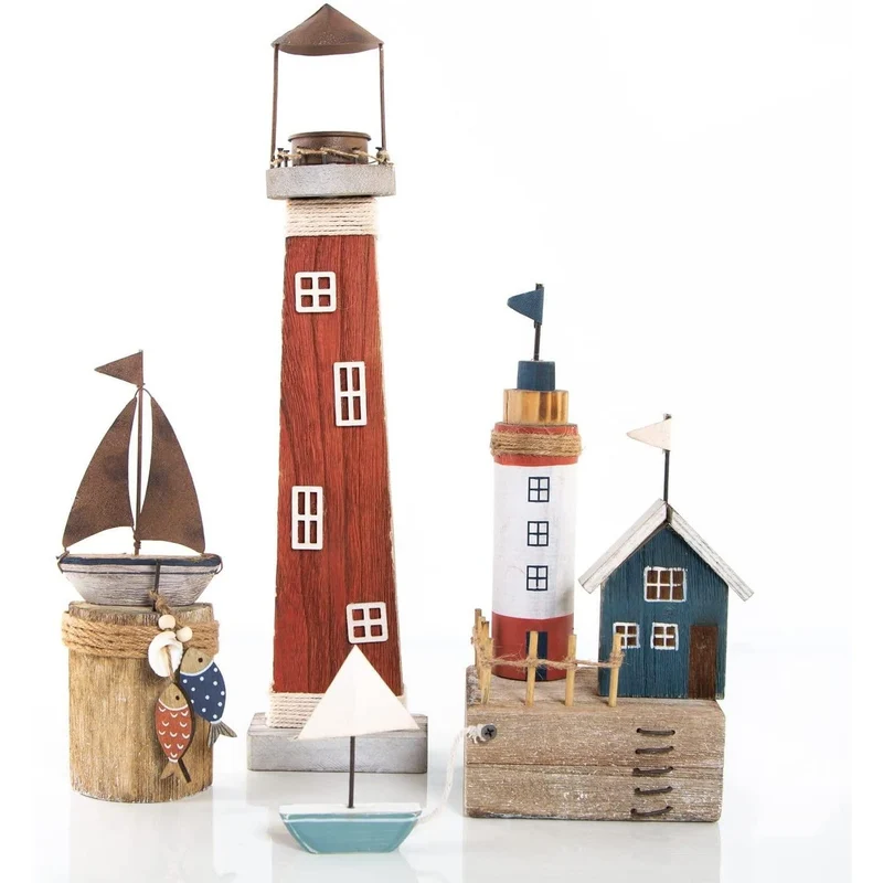 Dekoset 3-teilig aus Leuchtturm + Miniatur Strandhaus + Segelboot