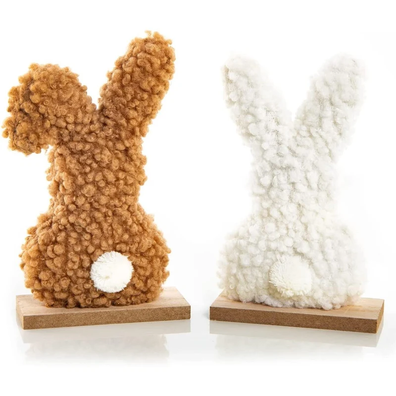 Osterhasen Dekofiguren aus Plüsch und Holz, weiß und braun, ca. 20 x 11 x 5 cm