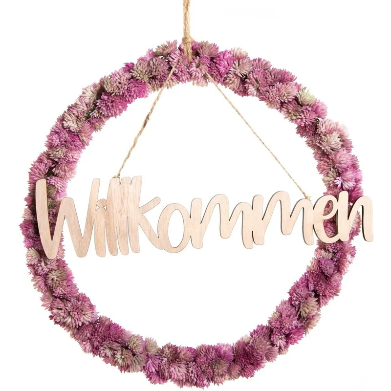 Dekokranz aus Kunstblumen pink mit Text Holzschild WILLKOMMEN