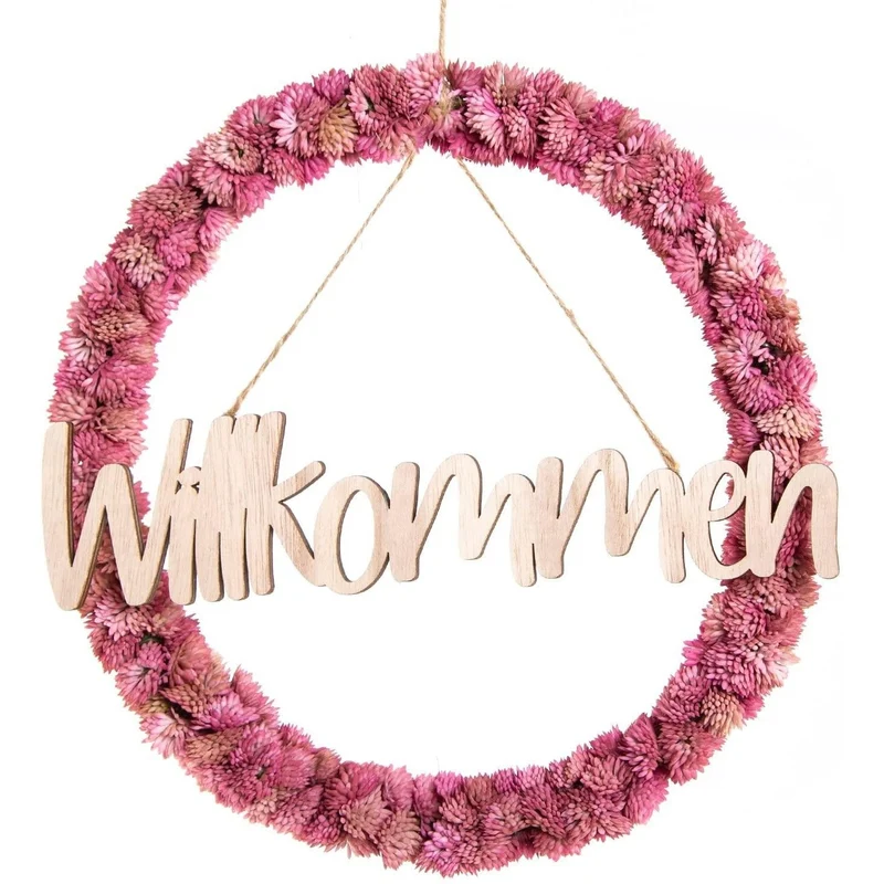 Dekorativer Kunstblumenkranz rosa - mit Schriftzug WILLKOMMEN