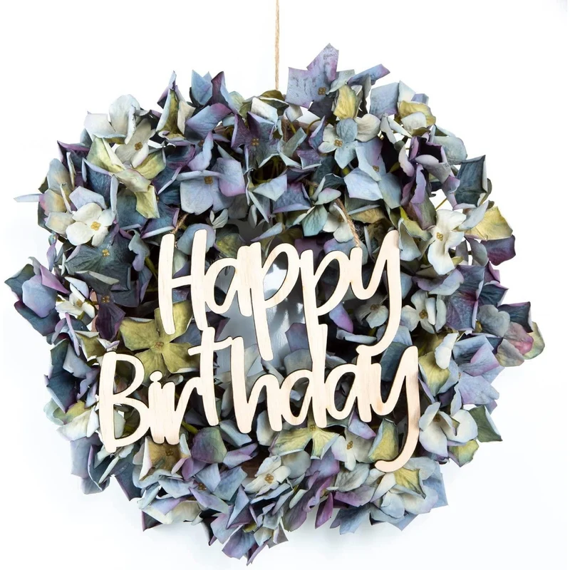 Künstl. Hortensienkranz blau mit Text Schild Happy Birthday