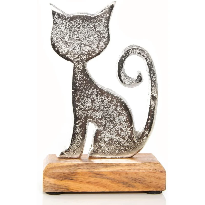 Dekorative Katze aus Metall Silber braun - Katzenfigur Dekofigur