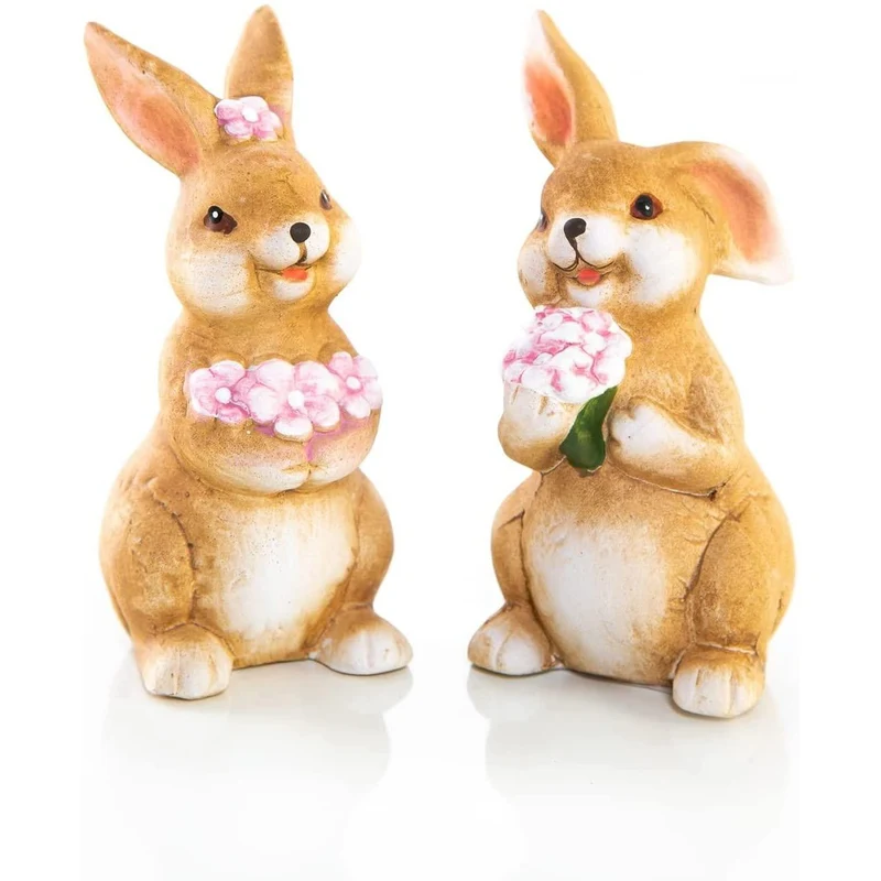 Logbuch-Verlag 2 Hasen Figuren mit Blümchen braun rosa 12 cm - Keramik Osterhasen - Ostern Deko zum Hinstellen