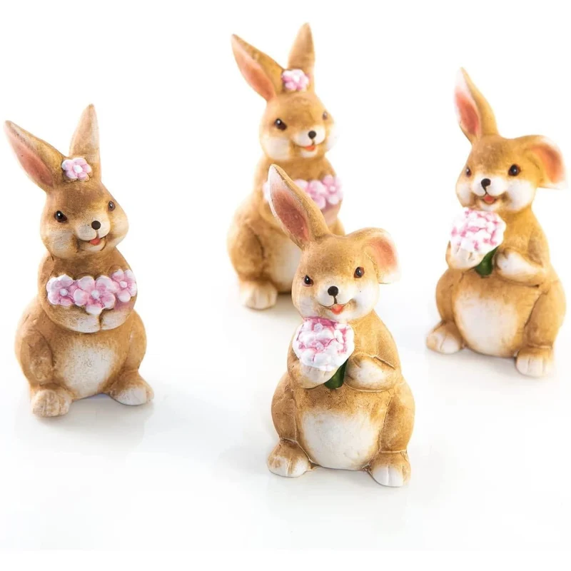 Logbuch-Verlag 4 Hasen Figuren mit Blümchen braun rosa 12 cm - Keramik Osterhasen - Ostern Deko zum Hinstellen