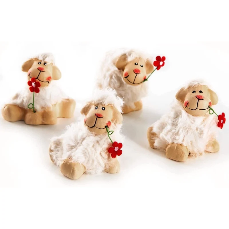 4 kleine Schaf Figuren aus Ton weiß braun mit Blümchen -6 cm