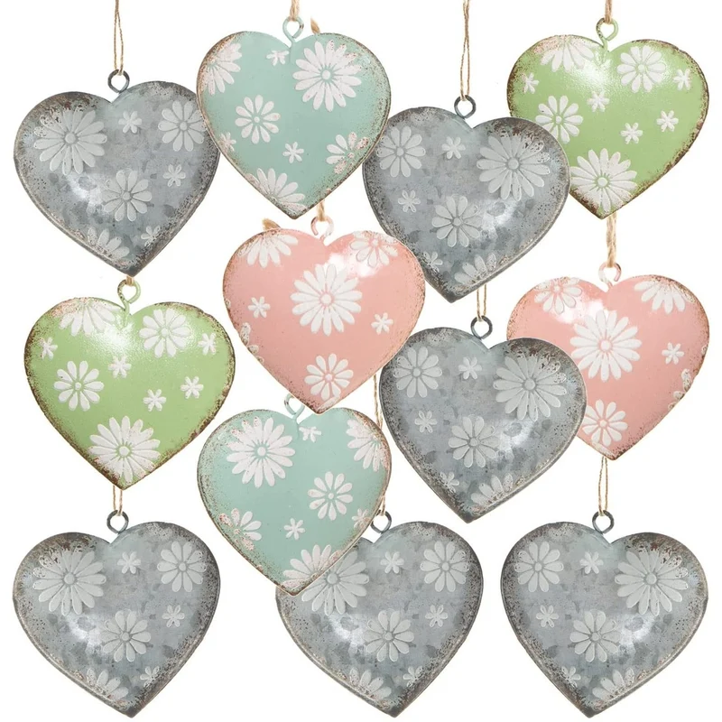 12 Herzanhänger aus Metall - Metallherzen Silber grün rosa 5,5 cm