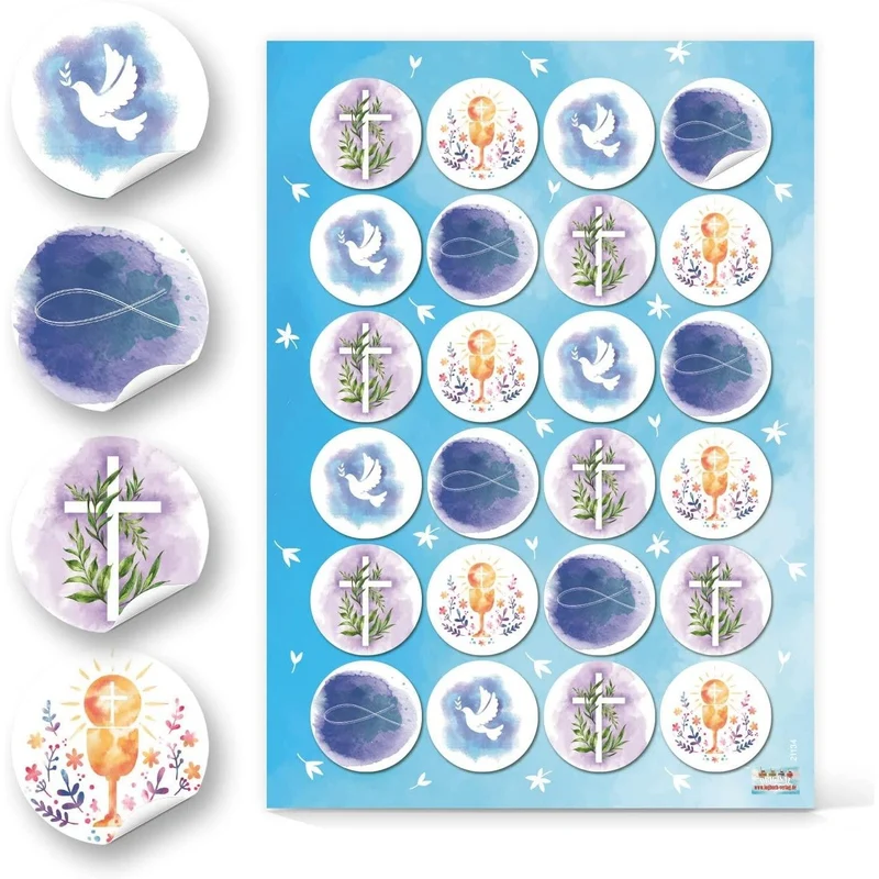 Logbuch-Verlag 24 Sticker mit christlichen Motiven 4 cm - Fisch Kreuz Taube Kelch - Symbolaufkleber Geschenkaufkleber Glaube Kommunion Taufe