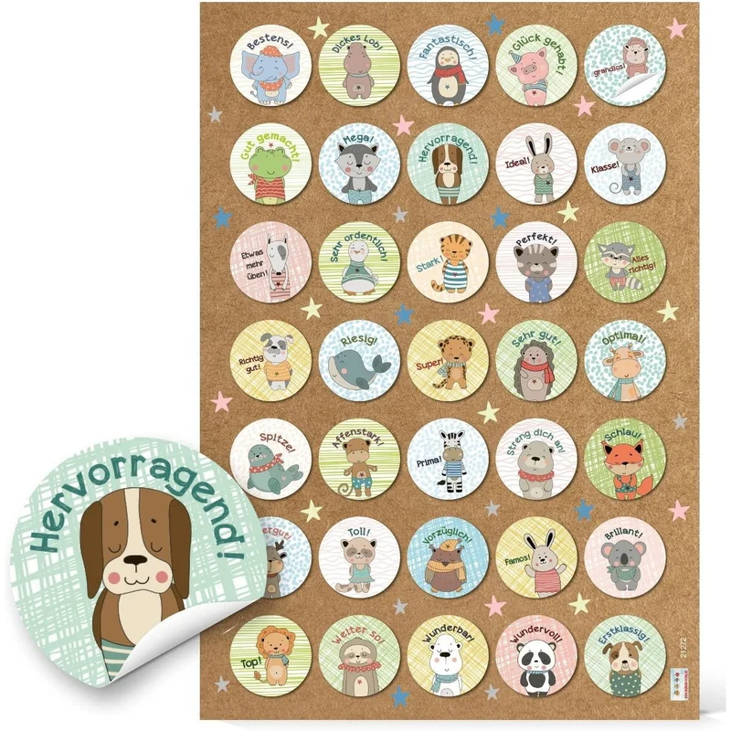 Logbuch-Verlag 96 kleine Belohnungsaufkleber für Schule Kindergarten Unterricht - Lob Belobigung Motivationsaufkleber für Kinder Ø 3,2 cm bunte Tiere