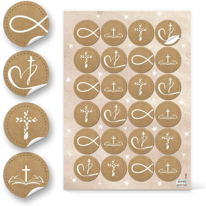 Logbuch-Verlag 24 Aufkleber mit christlichen Symbolen - Fisch Kreuz Herz - Symbolaufkleber in Kraftpapier-Optik