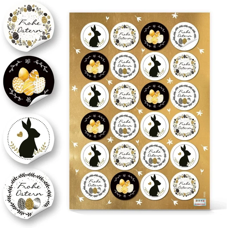 Logbuch-Verlag 24 Oster Sticker schwarz weiß gold - Osteraufkleber Ostersticker selbstklebend rund Ø 4 cm - Frohe Ostern Dekosticker