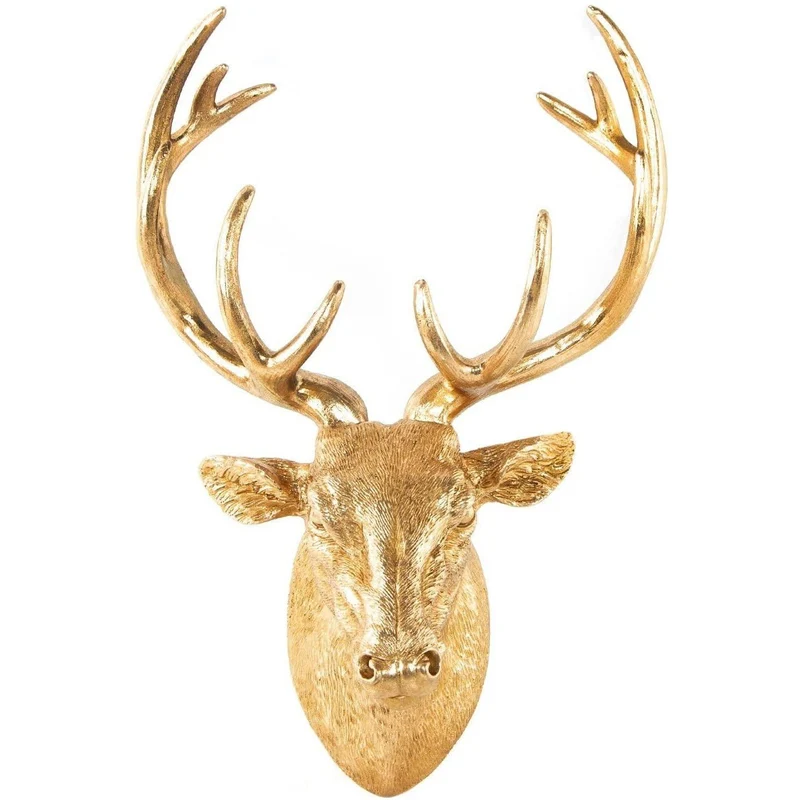 Hirschkopf Wandskulptur aus Kunstharz Gold mit Geweih