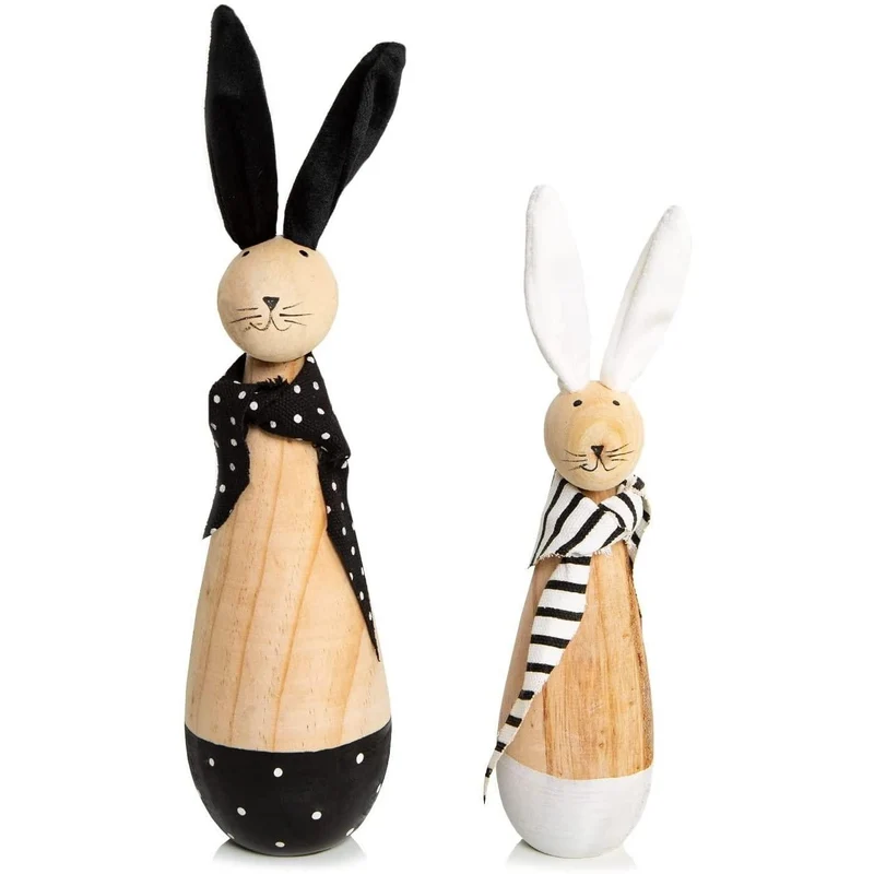 2 Osterhasen Figuren aus Holz schwarz weiß 22 + 28 cm
