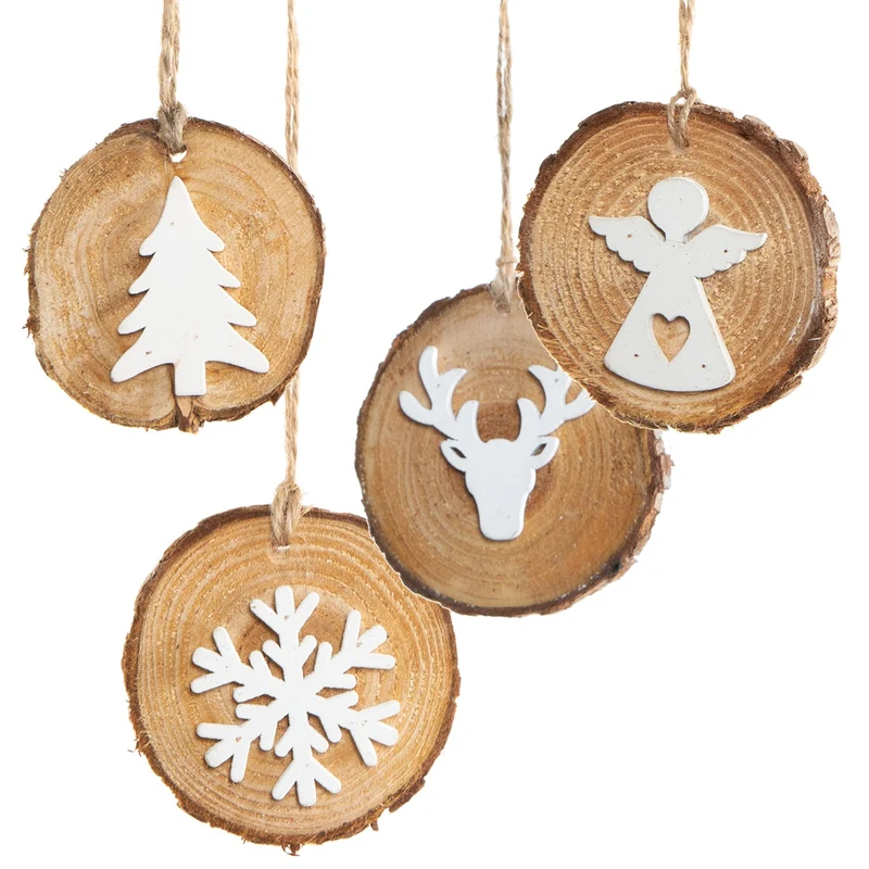 4 Holzscheiben Weihnachtsanhänger mit Weihnachtsmotiven braun weiß