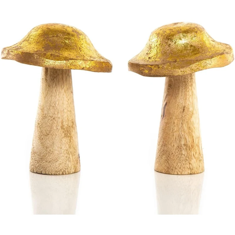 2 Pilz Figuren aus Holz braun Gold 13 cm - Vintage Pilzfiguren