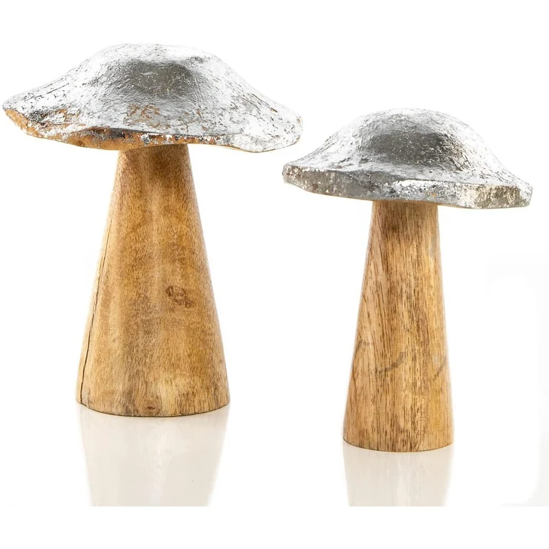 2 Pilz Dekofiguren aus Holz 13 cm + 16 cm Silber braun