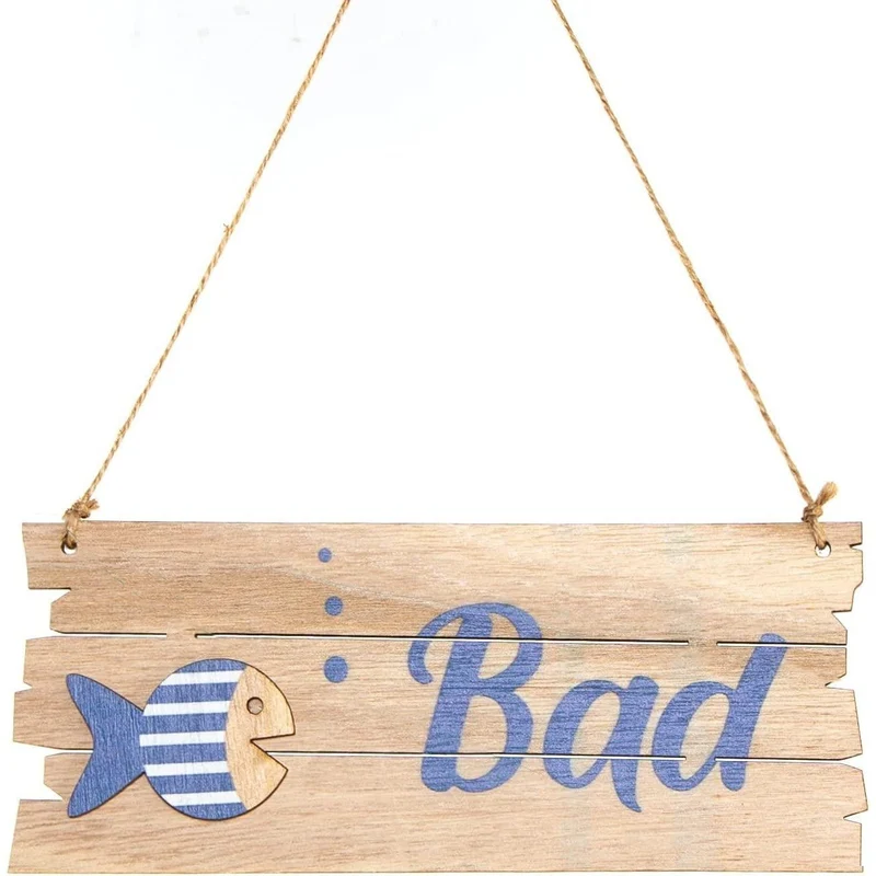 Bad Türschild blau Natur aus Holz mit Fisch-Motiv - zum Aufhängen