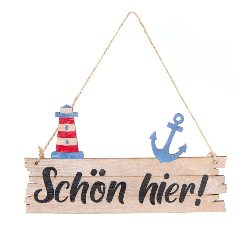 Holzschild SCHÖN Hier! maritim mit Anker und Leuchtturm