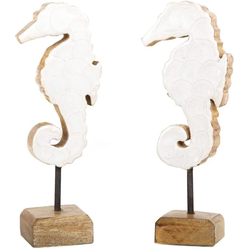 2 Seepferdchen Figuren stehend auf Holzsockel - Maritime Deko