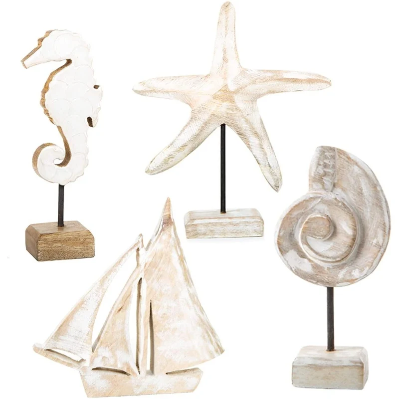 4 Maritime Dekofiguren - Seepferdchen + Holzschiff + Muschel + Seestern