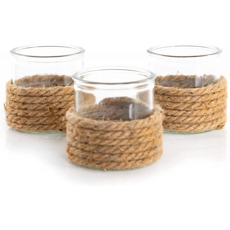3 kleine Teelichthalter aus Glas mit Jute-Deko - Vintage-Look