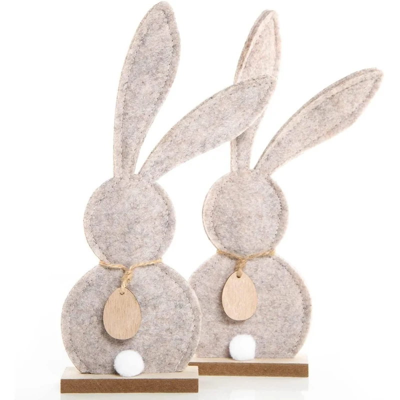 2 Osterhasen Dekofiguren aus Filz + Holz beige - Osterdeko stehend