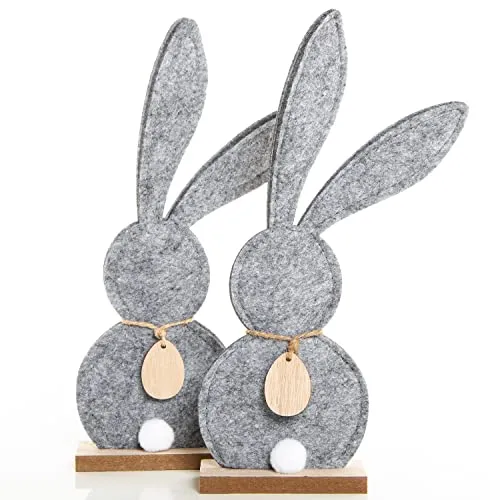 2 graue Osterhasen Figuren aus Filz & Holz - Filzhasen zum Hinstellen