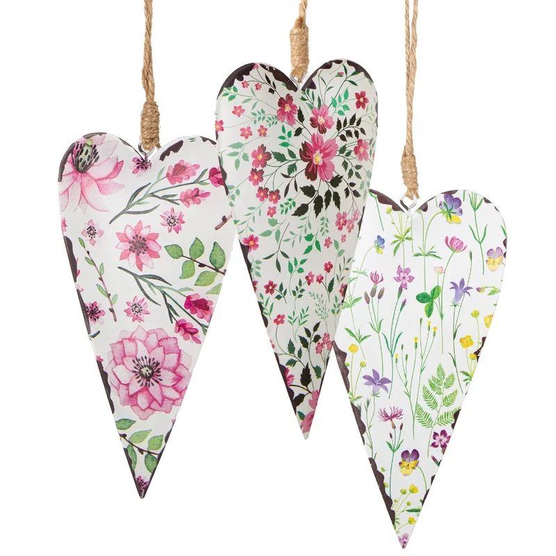 3 Metallherzen zum Aufhängen - mit Blumenmuster beige rosa grün