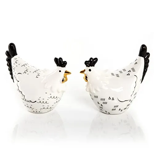 2 Hühner Figuren aus Keramik - Huhn schwarz weiß Gold 9 x 8 cm -
