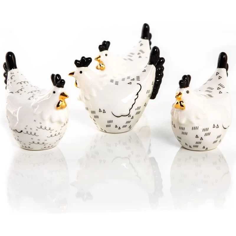 4 Hühner Figuren aus Keramik - Huhn schwarz weiß Gold 9 x 8 cm