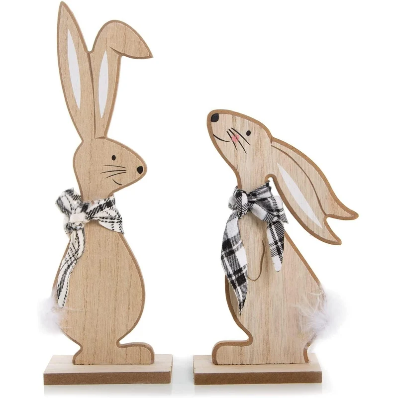 2 Hasen Figuren aus Holz Natur schwarz weiß - Osterhasen Paar