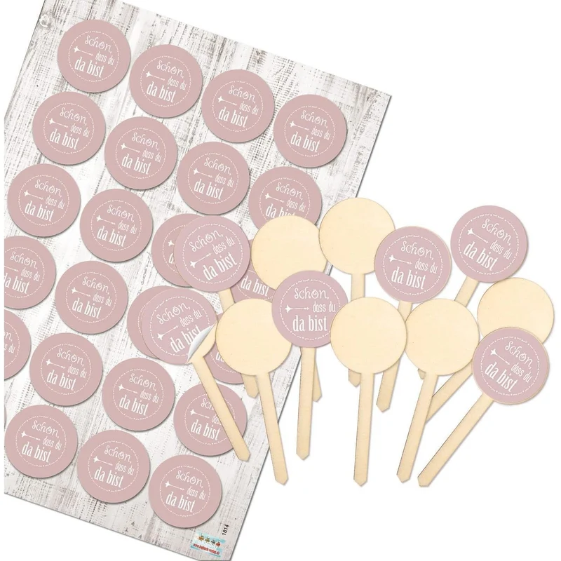 12 Cake Topper aus Holz mit Sticker SCHÖN DASS DU DA BIST rosa