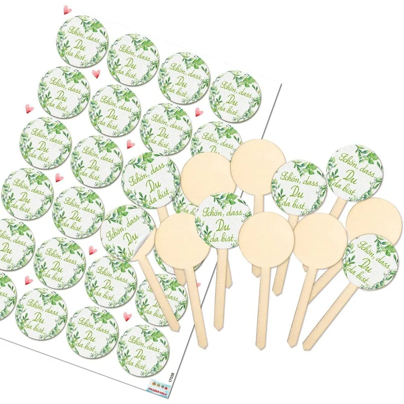12 kleine Caketopper mit Sticker "Schön, dass du da bist" grün weiß