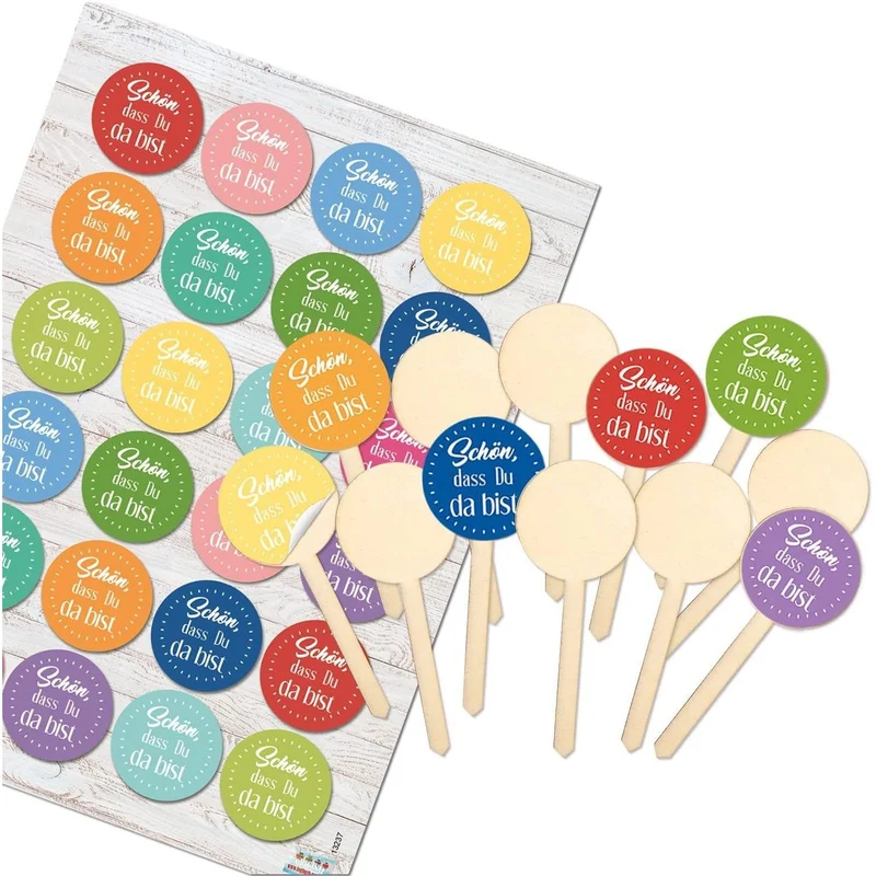 12 bunte Kuchenstecker - Holzspieße + Aufkleber SCHÖN, DASS DU DA BIST