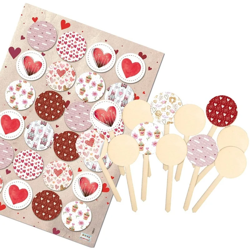 12 Cake Topper aus Holz mit Herz Aufklebern rot weiß - Ø 4 cm