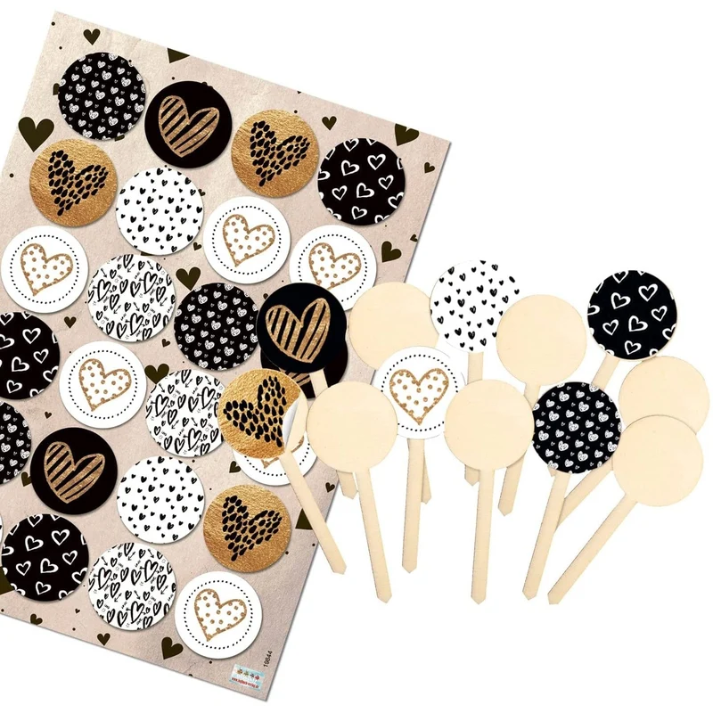 Logbuch-Verlag 12 Cupcake Topper 9 cm - Muffin Stecker mit Herzaufkleber schwarz weiß gold - Kuchen Deko Verzierung Hochzeitsdeko