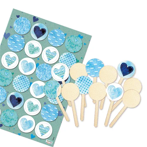 Logbuch-Verlag 12 kleine Kuchenstecker aus Holz 9 cm - Muffin Cupcake Mini-Kuchen Topper mit Herzaufkleber blau türkis Taufe Kommunion