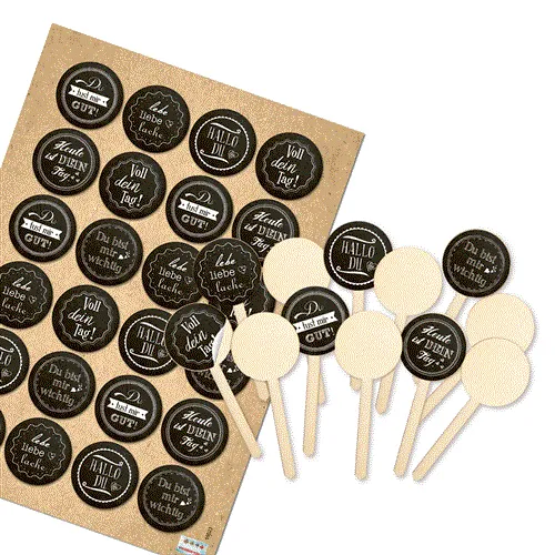 Logbuch-Verlag 12 Cake Topper aus Holz mit Sprüche Aufklebern schwarz weiß - Muffin Cupcake Stecker 9 cm Ø 4 cm