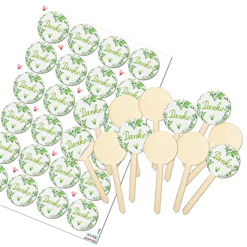 Logbuch-Verlag 12 kleine Holzstecker 9 cm mit Aufkleber DANKE grün weiß - Cupcake Topper Muffin Stecker Pflanzenstecker für Hochzeit Gastgeschenke