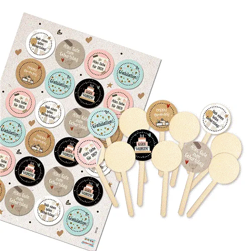 Logbuch-Verlag 12 kleine Muffin Kuchenstecker für Geburtstage - Cupcake Topper + Aufkleber GLÜCKWUNSCH, HAPPY BIRTHDAY 9 cm Ø 4 cm