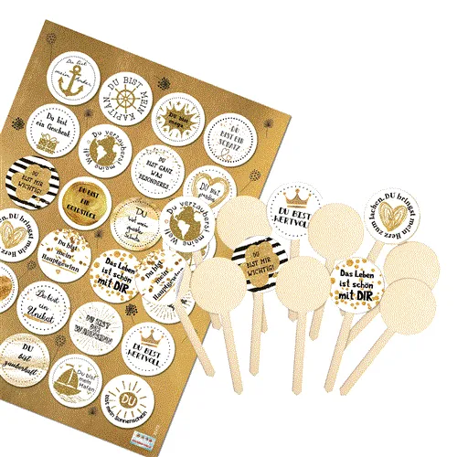 Logbuch-Verlag 12 Caketopper aus Holz + 24 Aufkleber DU BIST … - Kuchenstecker mit Sprüchen gold weiß - Hochzeit Jahrestag