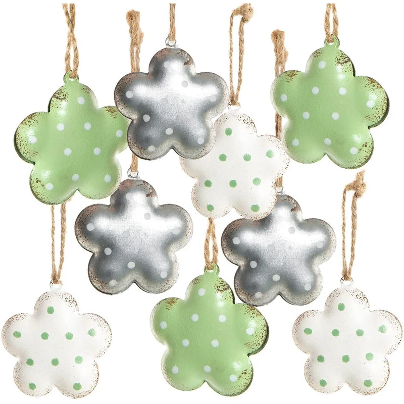 9 Blumen Osteranhänger aus Metall - Blümchen Anhänger grün weiß Silber