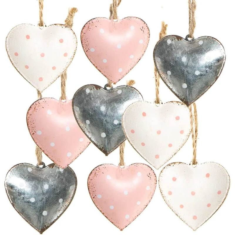 9 Herzanhänger aus Metall - Metallherzen zum Hängen 4 cm rosa Silber weiß
