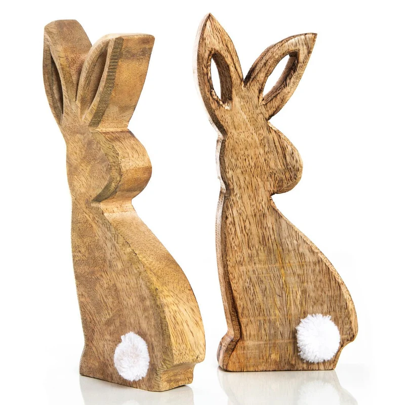 2 Holzhasen braun mit Puschel - Osterhasen Figuren zum Hinstellen