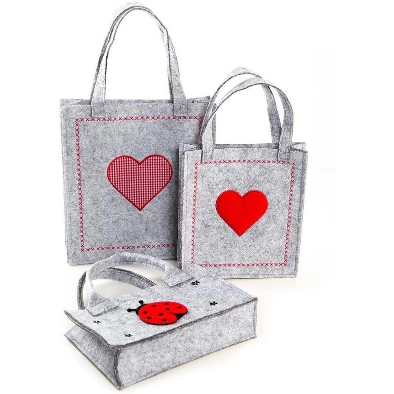3 Filztaschen mit Henkel grau rot - Marienkäfer & Herz-Motiv - Geschenktaschen in 3 Größen - Geschenkbeutel Ostern aus Filz