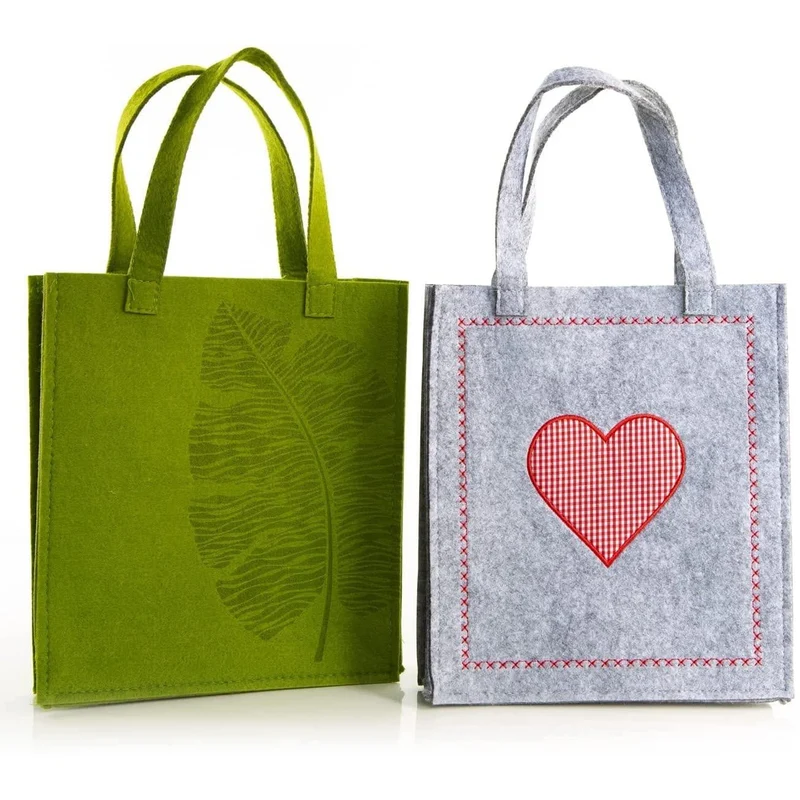2 Geschenkbeutel aus Filz - Filztaschen grau + grün mit Henkel