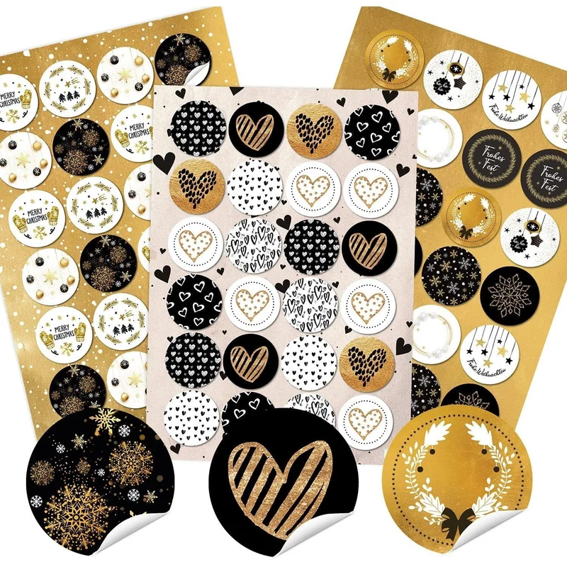 3 x 24 selbstklebende Sticker mit Weihnachtsmotiven - schwarz weiß gold