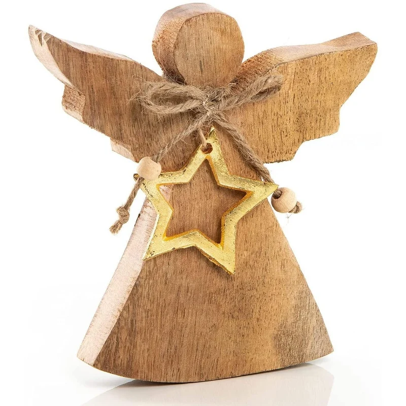 Engel Figur braun gold mit Stern - Engelfigur 16 cm aus Holz