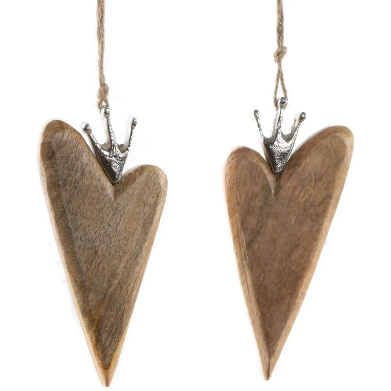 2 große Holzherzen mit Krone aus Metall - 14 x 9 x 2 cm - Deko Geschenkidee Symbol Liebe